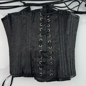Vintage Goth Corset Steampunk Gothic Black Paisley Print Lace Up Satin Emo